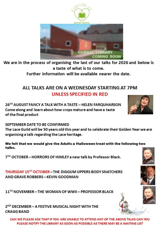 Friends of Gornal Library - Talks for 2026